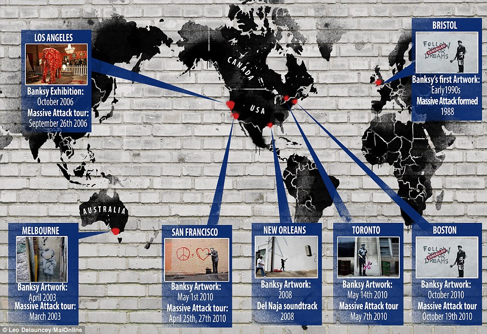 Mapa lokacija na kojima su se pojaviljivali Banksyjevi murali u isto vreme kada je bend Massive Attack imao koncerte/IZVOR: Daily Mail